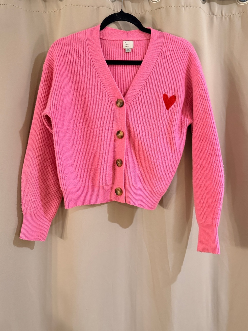 Women’s A New Day Pink V-Neck Button Front Cardigan with Red Heart